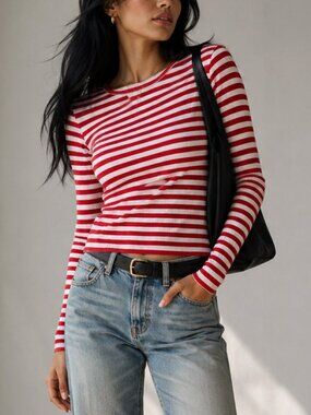 Boden Red White Striped Cotton Ribbed Long Sleeve Tee Size 2